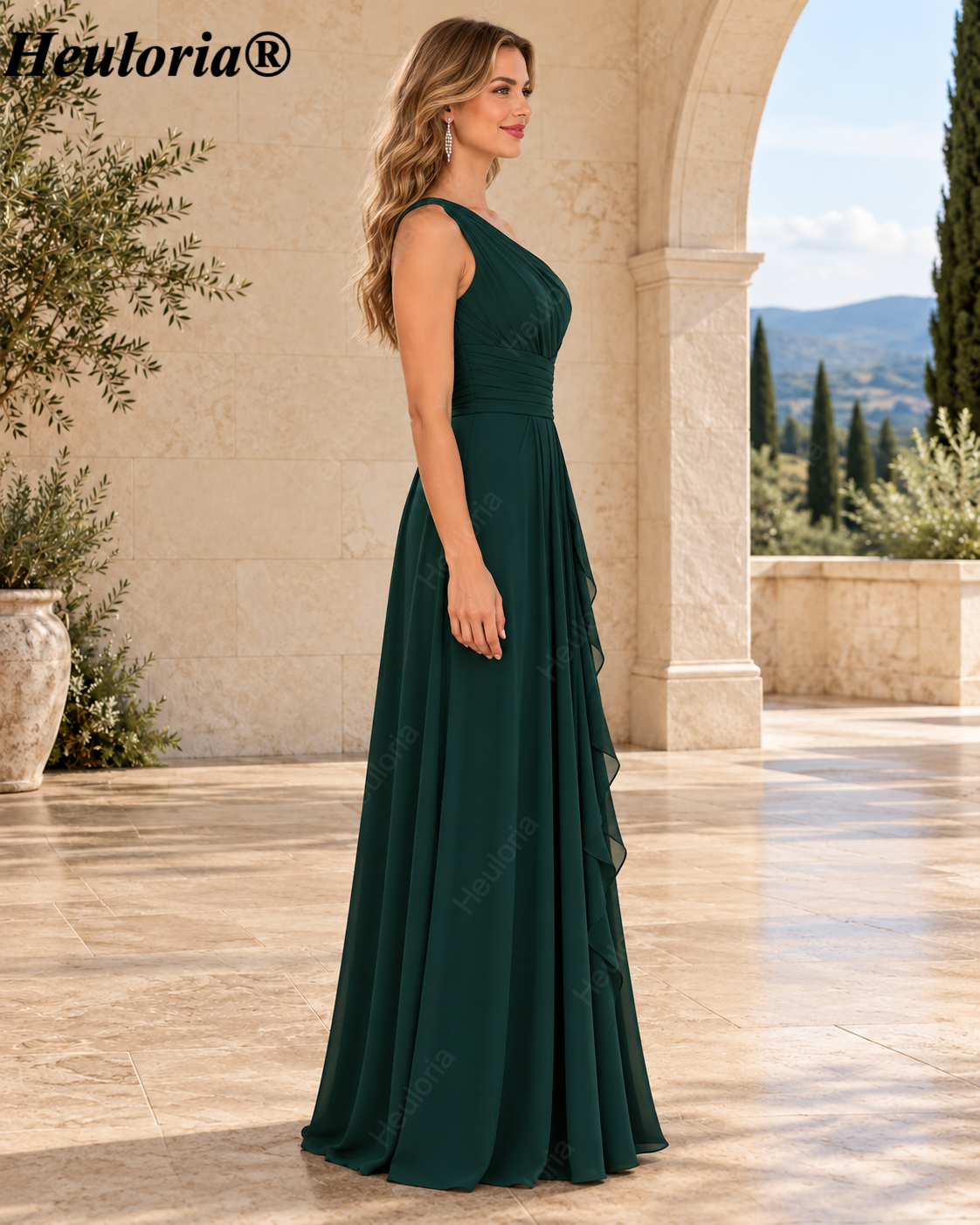 HEULORIA One-Shoulder Ruched Chiffon Bridesmaid Dress with Slit ED-959