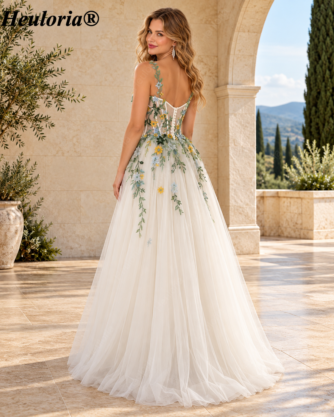 HEULORIA Ivory Floral Embroidered A-Line Prom Dress with Illusion Corset Bodice ED-679