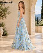 HEULORIA Light Blue Floral Embroidered Tulle A-Line Prom Dress with Spaghetti Straps, High Slit and Lace-Up Back ED-591
