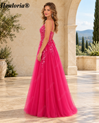 HEULORIA Royal Blue Floral Appliqué Tulle A-Line Prom Dress with V-Neck and Corset Back – ED-341
