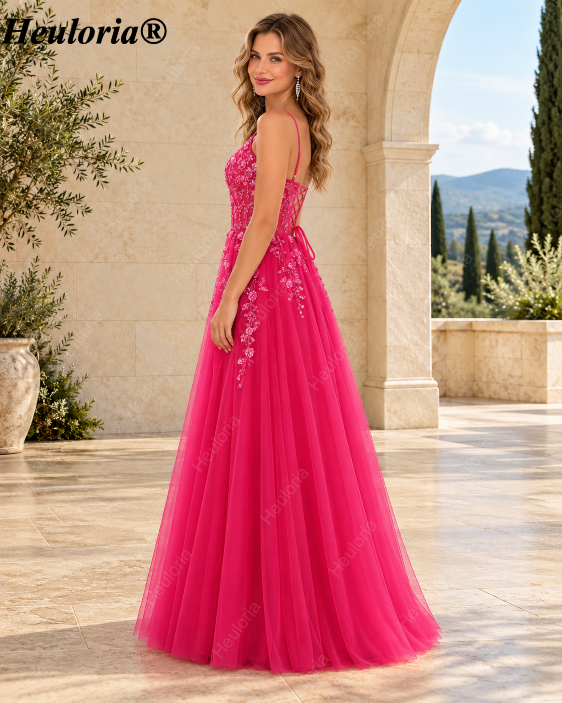 HEULORIA Royal Blue Floral Appliqué Tulle A-Line Prom Dress with V-Neck and Corset Back – ED-341