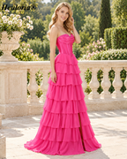 HEULORIA Pale Yellow Strapless Sweetheart Corset Tiered Chiffon A-Line Prom Dress ED-236