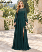 HEULORIA Dark Green Illusion Bateau Neck Chiffon A-Line Bridesmaid Dress with Bishop Sleeves & Slit ED-255
