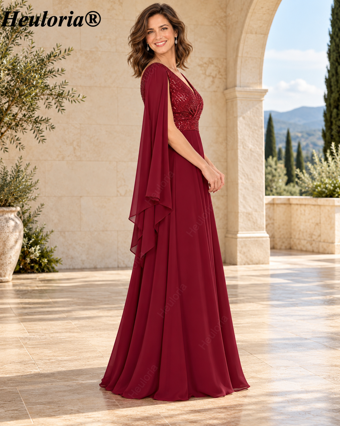 heuloria-V-Neck Sequin Chiffon A-Line Evening Dress with Cape Sleeves-ed-379