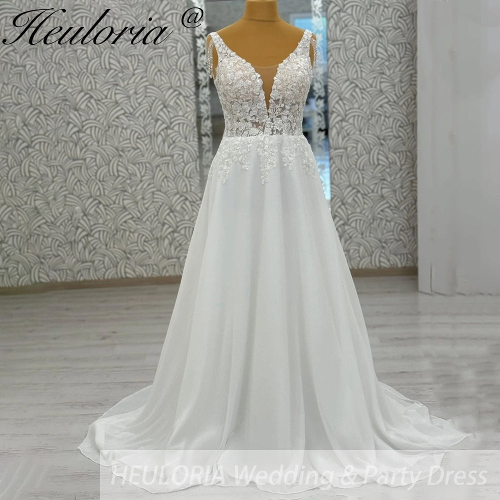 HEULORIA  elegant A line wedding dress Spaghetti Strap crepe lace chiffon bridal dress Robe De Mariee Wedding Bride Dress AL-995