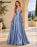 HEULORIA Strapless Sweetheart Satin Corset Prom Dress with Slit and Pockets ED-199