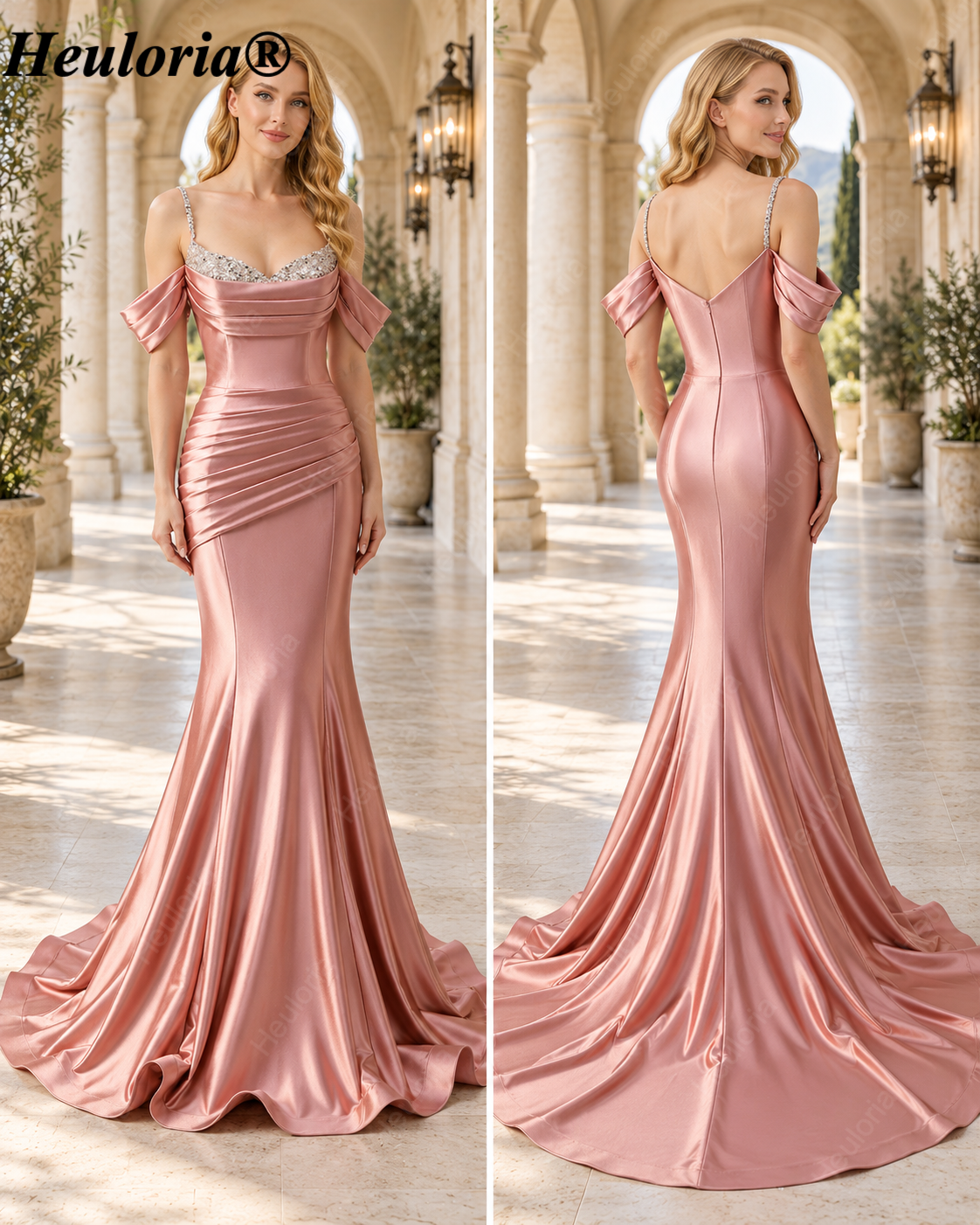 HEULORIA Dusty Rose Ruched Satin Mermaid Evening Dress with Crystal Straps ED-349 Immagine secondaria del prodotto
