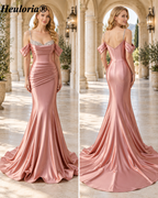 HEULORIA Dusty Rose Ruched Satin Mermaid Evening Dress with Crystal Straps ED-349