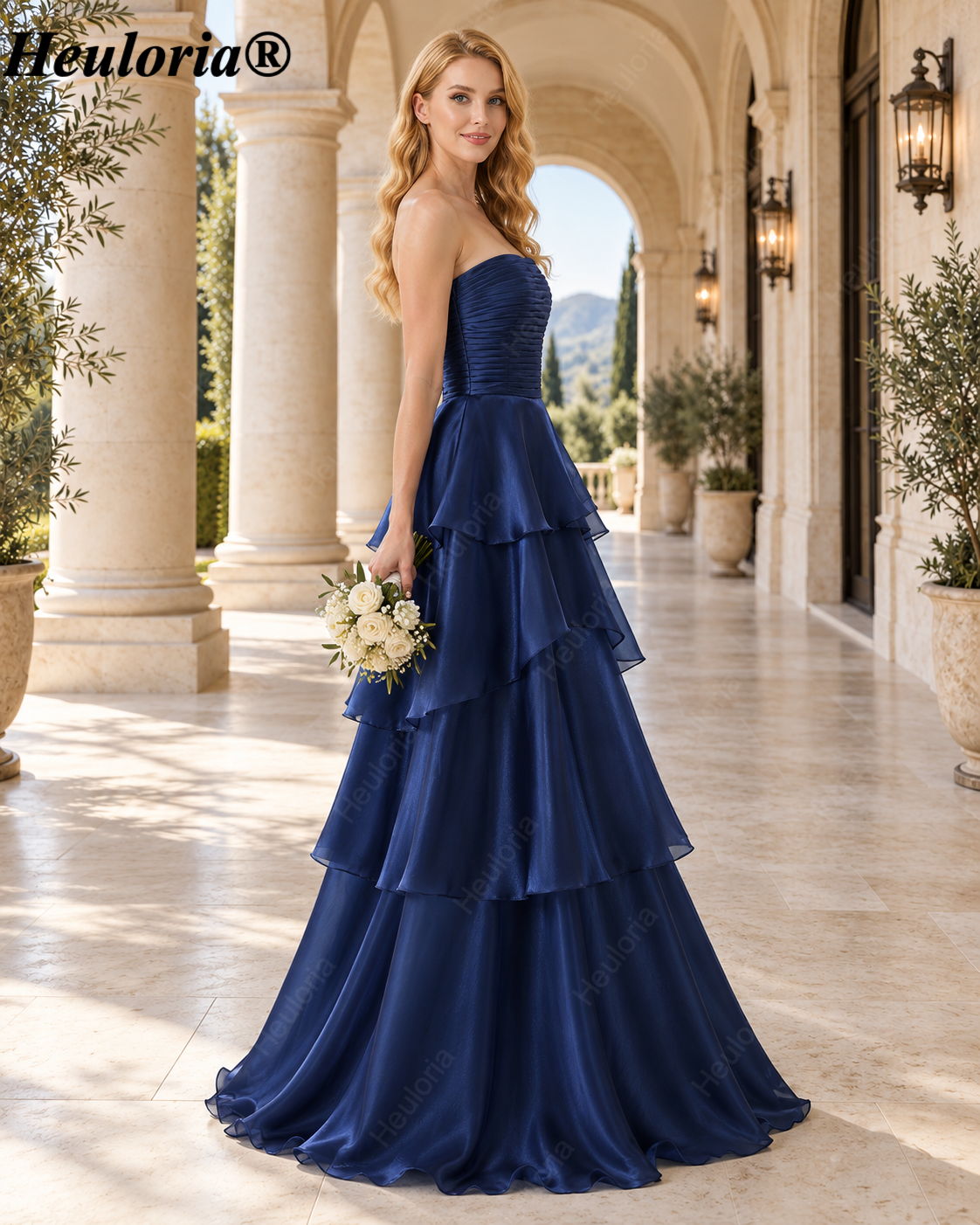 heuloria-Dark Navy Strapless Pleated Tiered A-Line Gown-ed-562