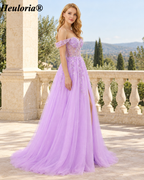 HEULORIA Lilac Off-the-Shoulder A-Line Prom Dress with Floral Appliqué Corset Bodice – ED-338