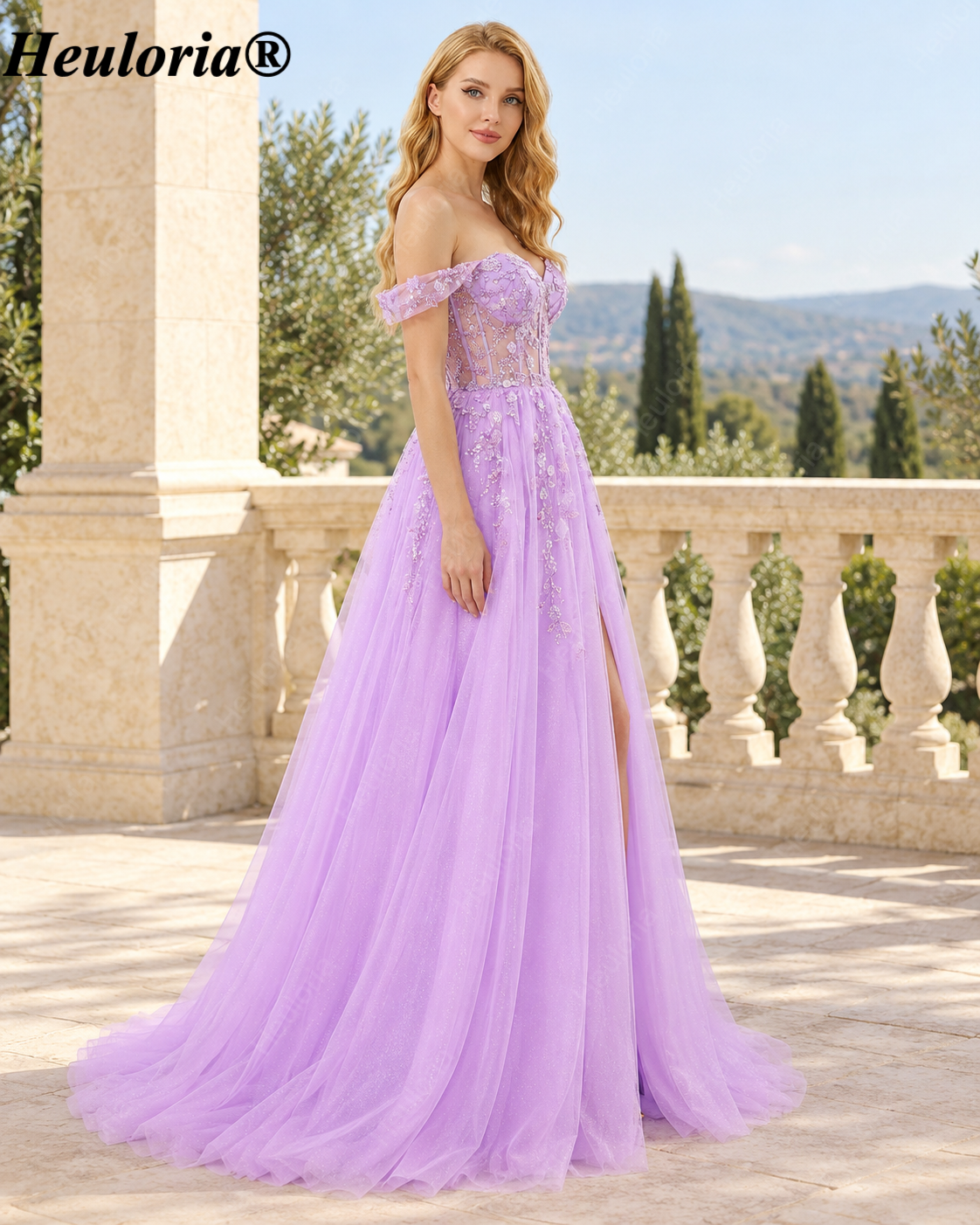 HEULORIA Lilac Off-the-Shoulder A-Line Prom Dress with Floral Appliqué Corset Bodice – ED-338