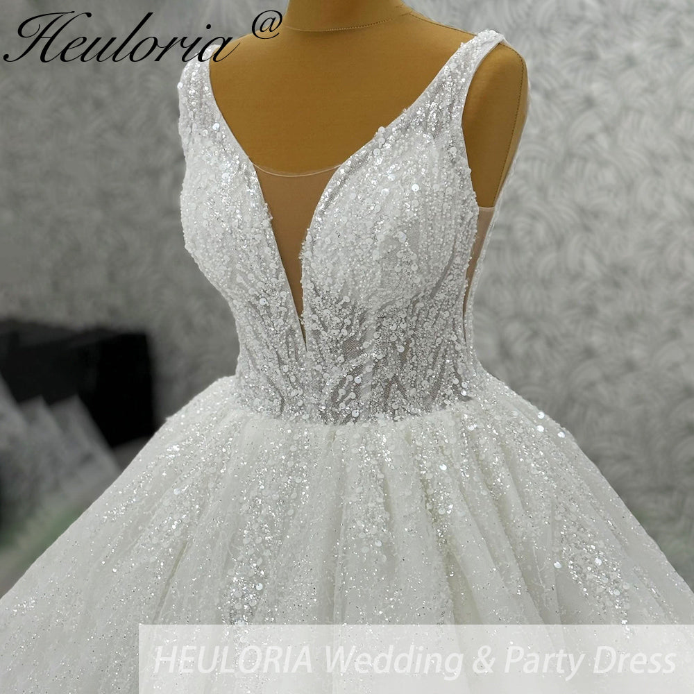 HEULORIA Sparkly Glitter Wedding dress V neck 2025 Luxury Women Church Beach Bride Dresses Floral Lace Customized BA-1019