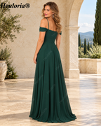 HEULORIA Emerald Green Cold Shoulder Pleated A-Line Bridesmaid Dress ED-111