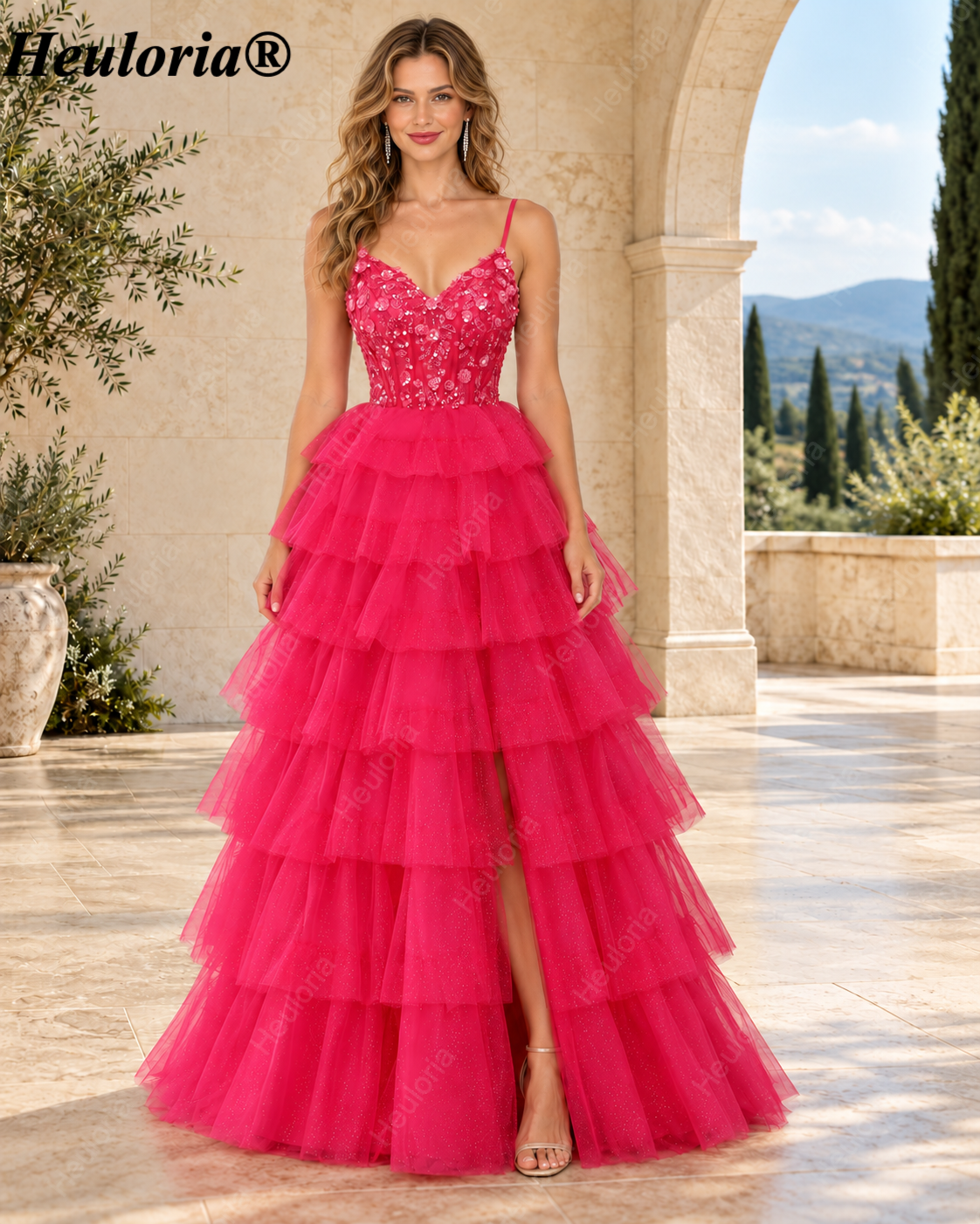 HEULORIA Fuchsia Beaded Sequin Tiered Tulle A-Line Prom Dress – ED-222