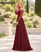 Burgundy Off-the-Shoulder Lace Long Sleeve A-Line Bridesmaid Dress ED-227
