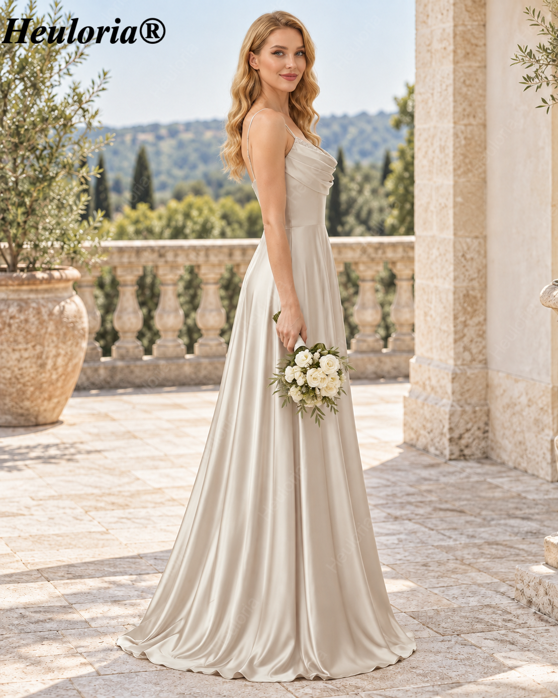 HEULORIA Cowl Neck Satin A-Line Bridesmaid Dress with Embellished Trim ED-361