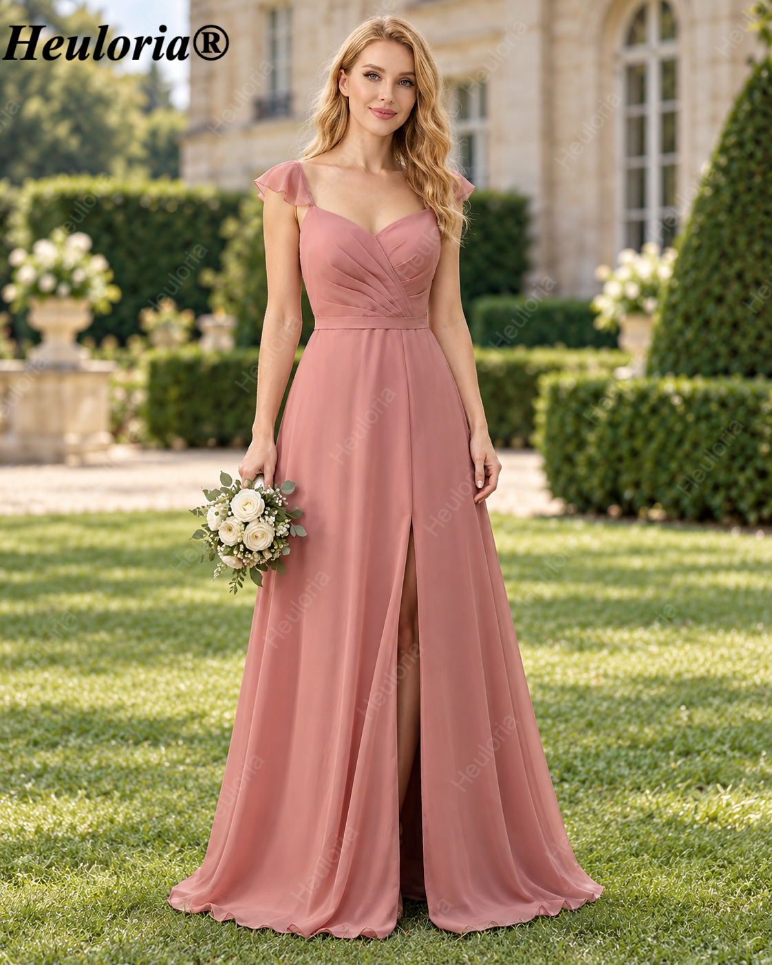 heuloria-Dusty Rose Flutter Sleeve Bridesmaid Dress with Slit-ed-544 Main image