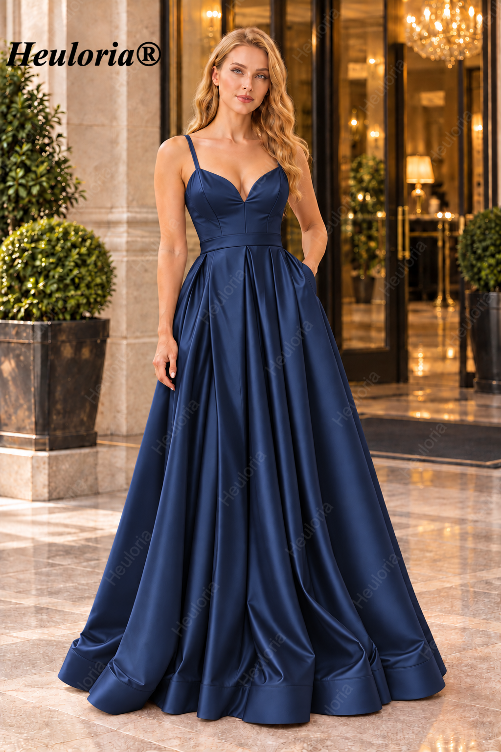 HEULORIA Royal Blue Sweetheart Satin A-Line Prom Dress with High Slit ED-23