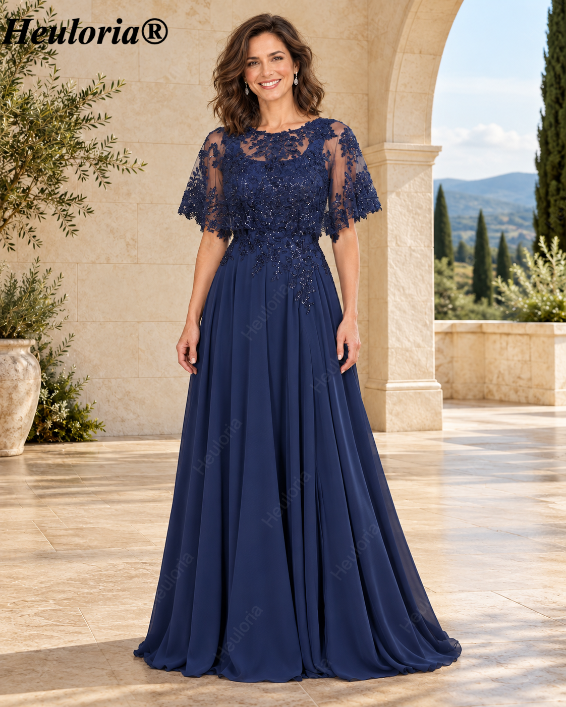 heuloria-Lace Applique Chiffon A-Line Mother of the Bride Dress with Cape-ed-378
