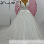 HEULORIA V Neck Sleeveless A line Wedding Dress Boho Lace Appliques Tulle Long Bridal Gowns Backless Vestidos de Novia Customized AL-1007