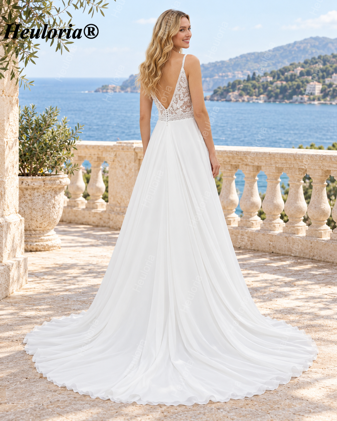 Deep V Lace Chiffon A-Line Wedding Dress with Spaghetti Straps AL-1066