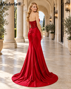 HEULORIA Red Strapless Beaded Lace Corset Satin Mermaid Evening Dress with High Slit ED-362