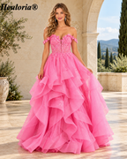 HEULORIA Off-Shoulder Floral Corset Ruffle Tulle Ball Gown Prom Dress ED-390