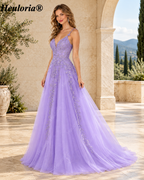 HEULORIA Lavender Floral Appliqué Tulle A-Line Prom Dress with Deep V-Neck and Corset Back – ED-372