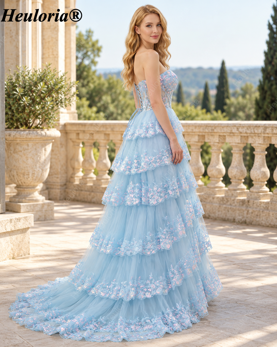 HEULORIA Strapless Sweetheart Floral Tiered Tulle Prom Dress ED-573