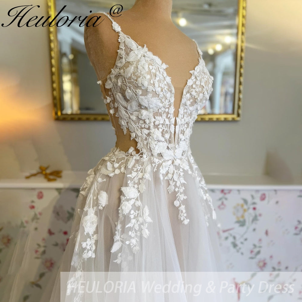 HEULORIA Spaghetti Straps a line Wedding Dress 3D flower Lace bridal dress  plug v neck Customized AL-810