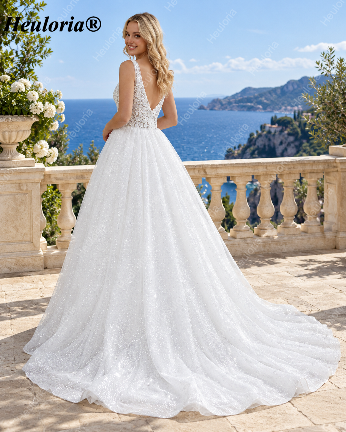 Floral Lace Deep V A-Line Wedding Dress with Glitter Tulle AL-1091 Imagen secundaria del producto