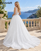 Floral Lace Deep V A-Line Wedding Dress with Glitter Tulle AL-1091