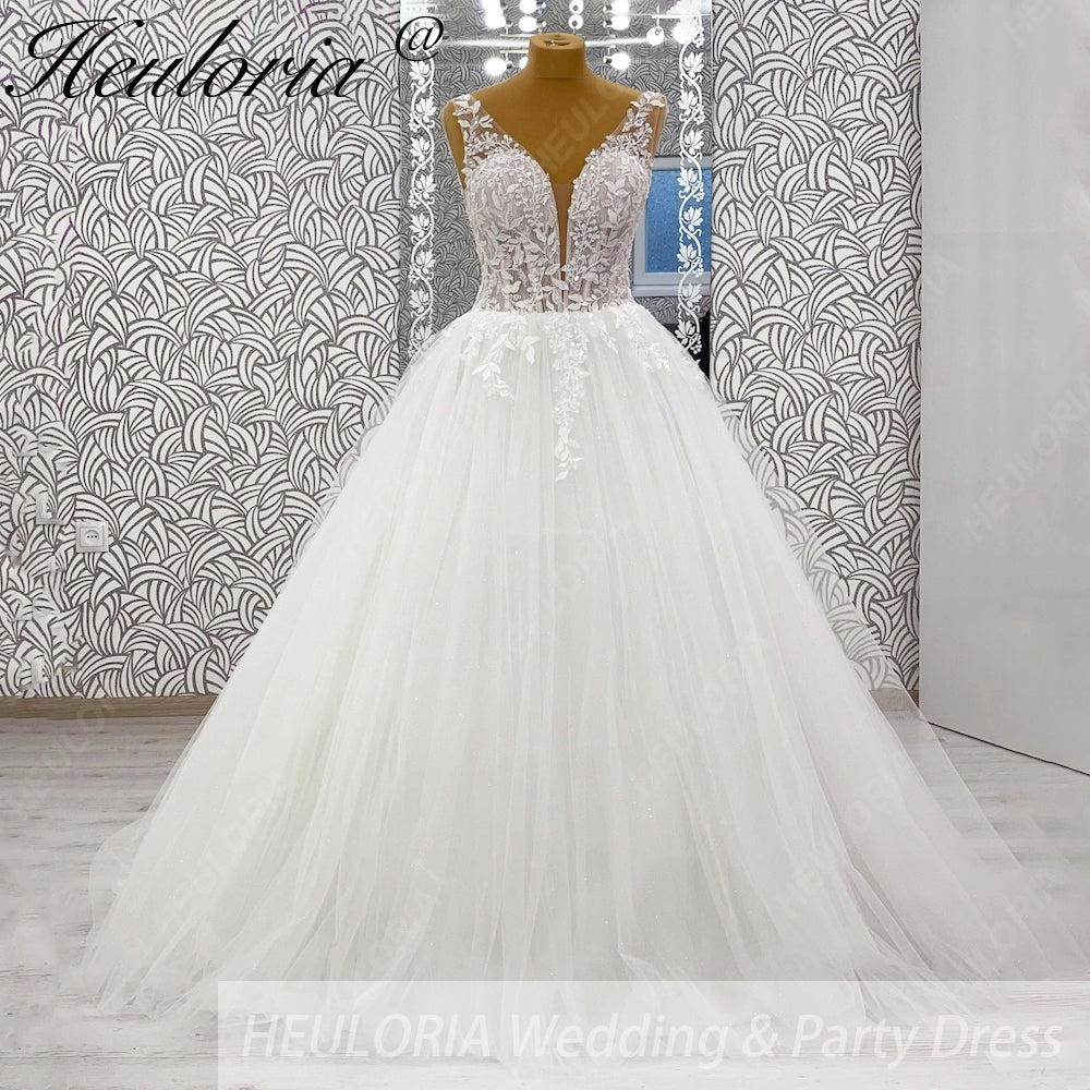HEULORIA Deep V-Neck Floral Lace A-Line Wedding Dress with Glitter Tulle & Corset Back AL-1036