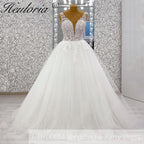 HEULORIA Deep V-Neck Floral Lace A-Line Wedding Dress with Glitter Tulle & Corset Back AL-1036