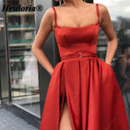HEULORIA Rust Red Square-Neck Satin A-Line Prom Dress with High Slit and Pockets – ED-35