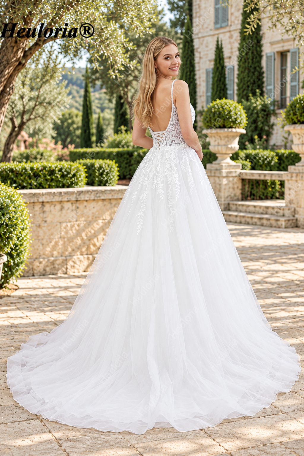 Illusion Deep V 3D Floral Glitter A-Line Wedding Dress with Spaghetti Straps AL-1048