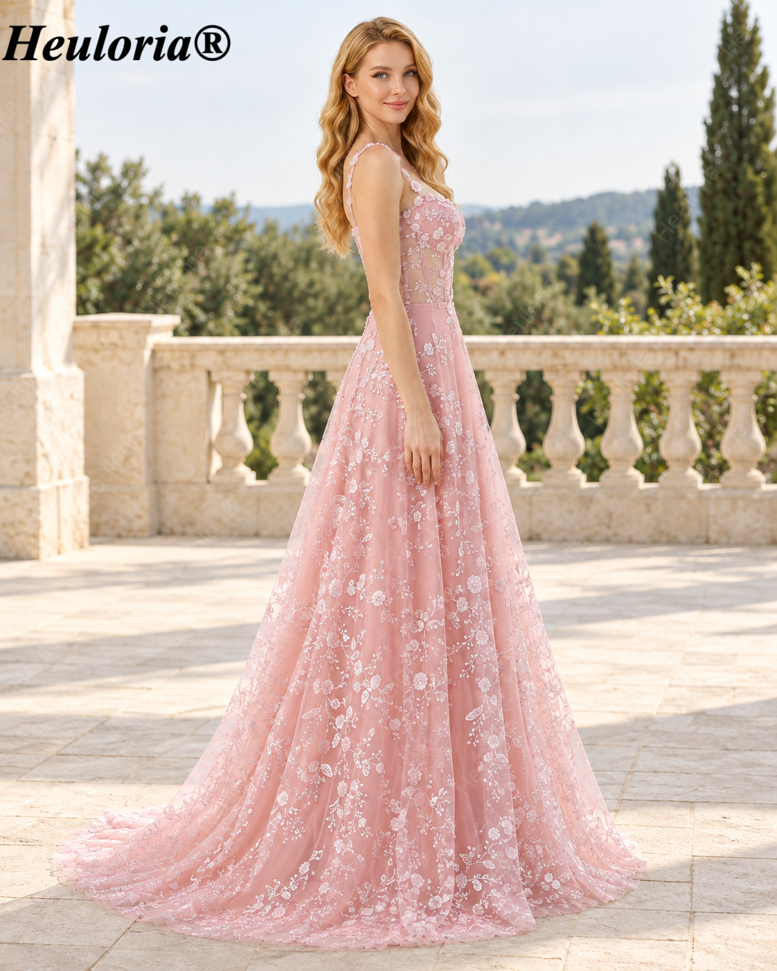 HEULORIA Floral Sequin Tulle A-Line Prom Dress with Sheer Corset Bodice ED-363