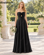 HEULORIA Dark Green Strapless Satin A-Line Bridesmaid Dress with Ruched Cutout Bodice – ED-265