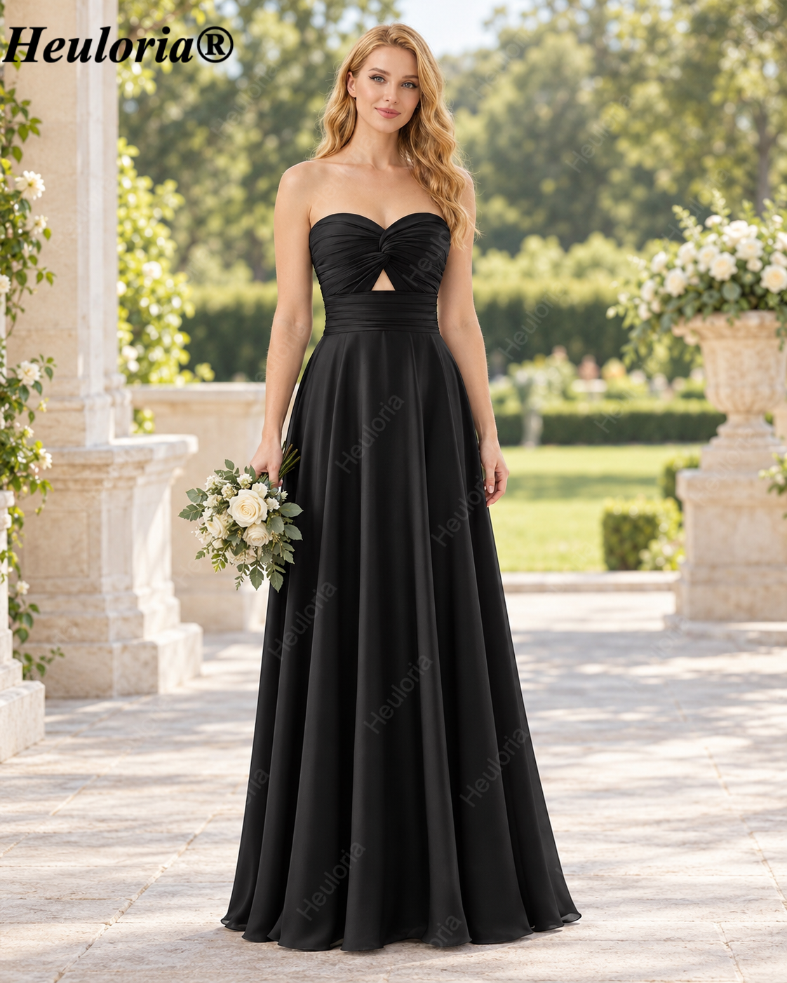 HEULORIA Dark Green Strapless Satin A-Line Bridesmaid Dress with Ruched Cutout Bodice – ED-265