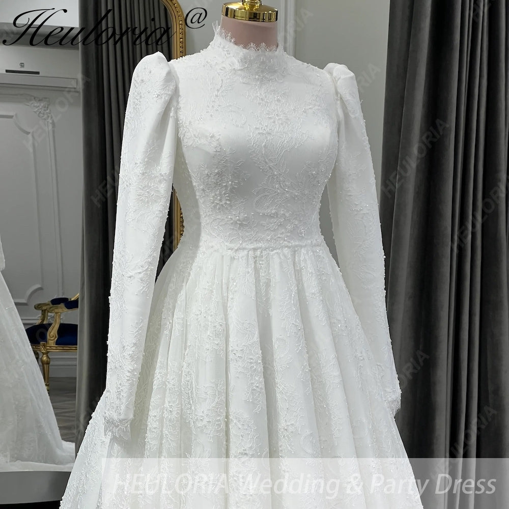 HEULORIA Victorian-Inspired High Neck Lace Wedding Dress with Elegant Puff Sleeves & Chapel Train muslim wedding dress  BA-1204