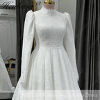 HEULORIA Victorian-Inspired High Neck Lace Wedding Dress with Elegant Puff Sleeves & Chapel Train muslim wedding dress  BA-1204