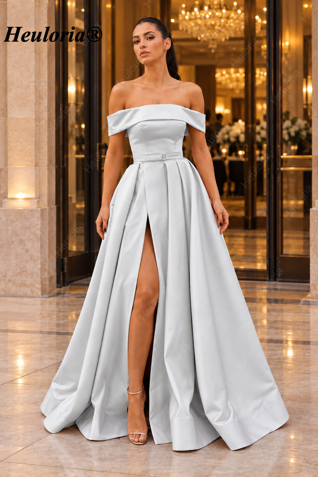 HEULORIA Blush Pink Off-the-Shoulder Belted Satin A-Line Evening Dress with High Slit – ED-25