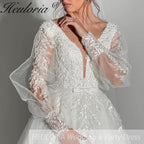 HEULORIA elegant A line long sleeve Court Train Tulle Lace Wedding Dress With Sequins AL-694A