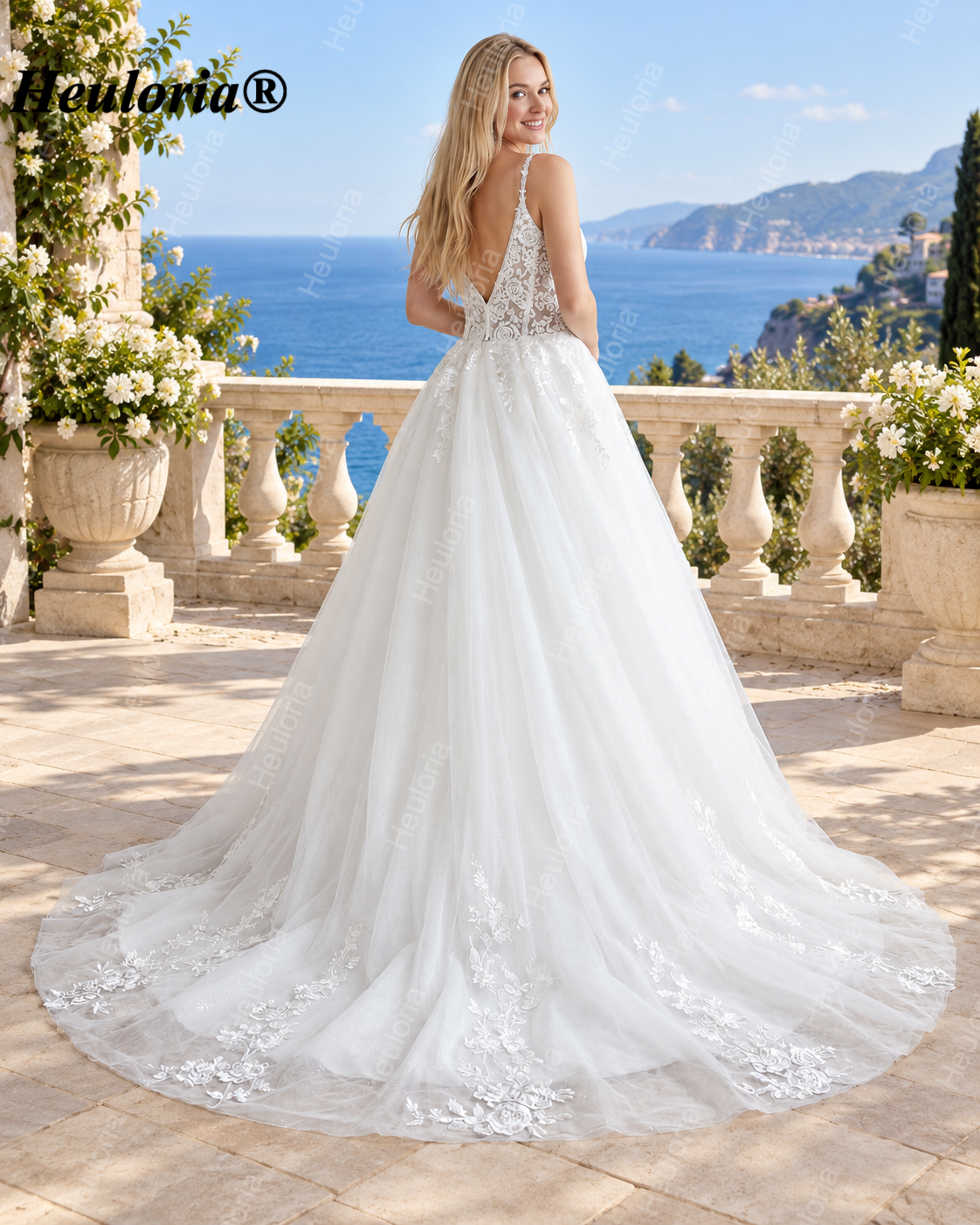 Floral Strap Lace Ball Gown Wedding Dress with V-Neck AL-1073 Imagen secundaria del producto