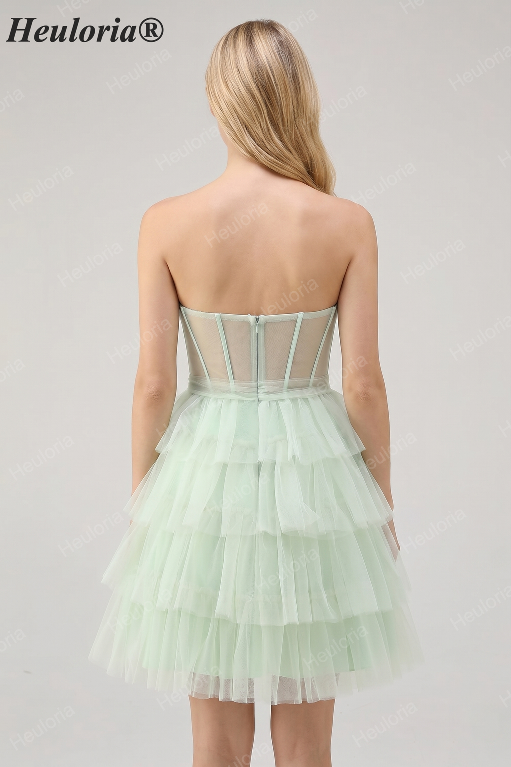 HEULORIA Light Green Sweetheart Corset Mini Dress - Tiered Tulle Strapless Homecoming Gown ED-330