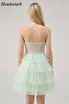 HEULORIA Light Green Sweetheart Corset Mini Dress - Tiered Tulle Strapless Homecoming Gown ED-330