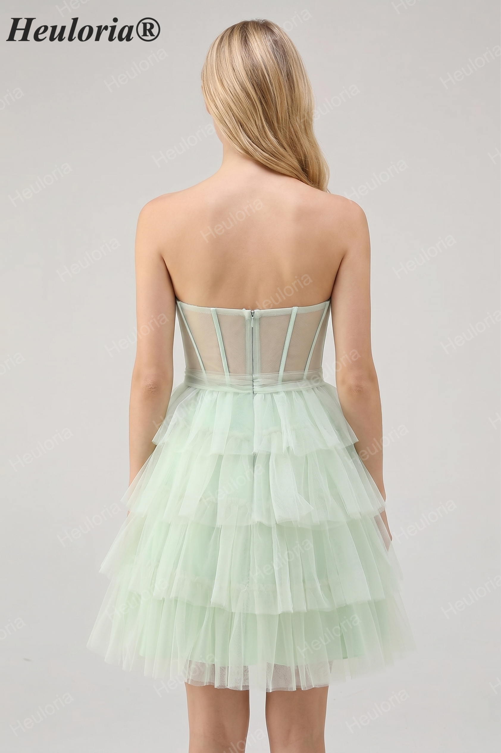 HEULORIA Light Green Sweetheart Corset Mini Dress - Tiered Tulle Strapless Homecoming Gown ED-330