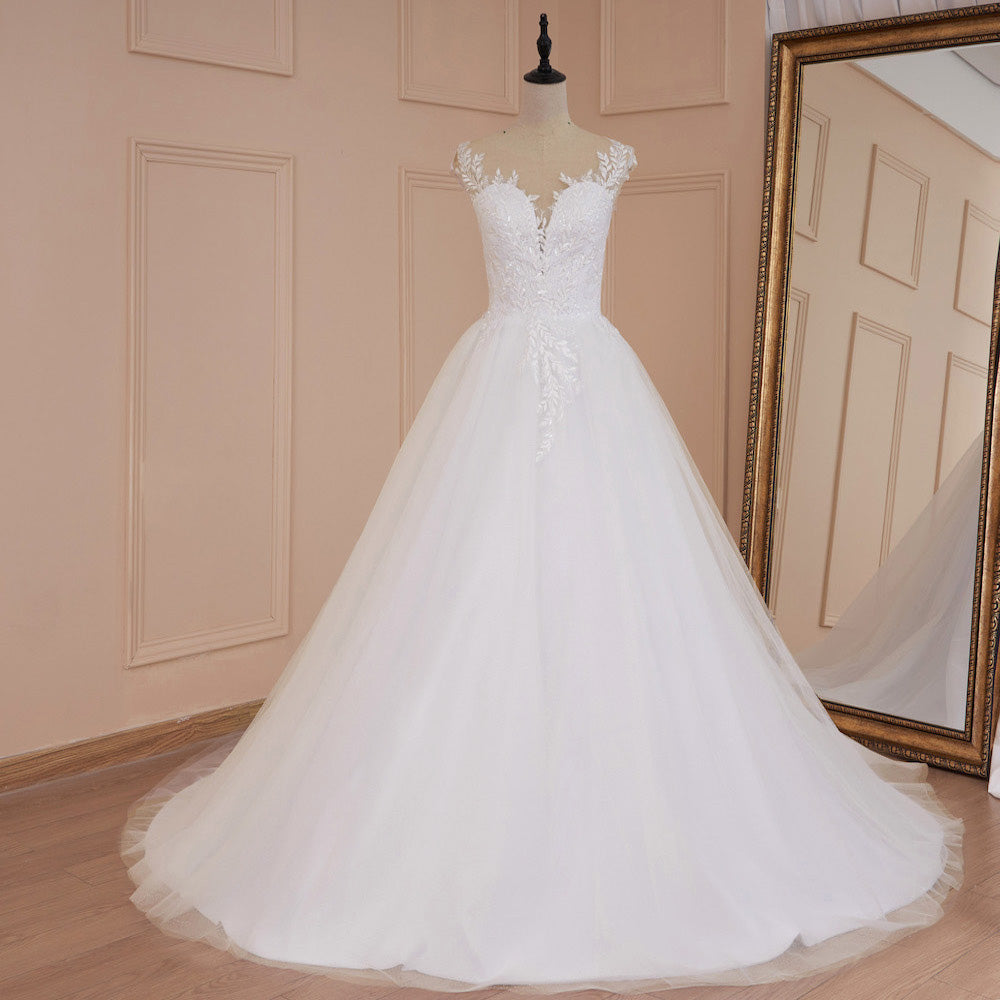 HEULORIA A-line Scoop Illusion Court Train Lace Tulle Wedding Dress With Sequins AL-526
