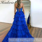 Sexy Strapless evening dress Chiffon Blue Tiered Ruffles with Slit Crystal A-Line Lace-upParty Gowns Customized