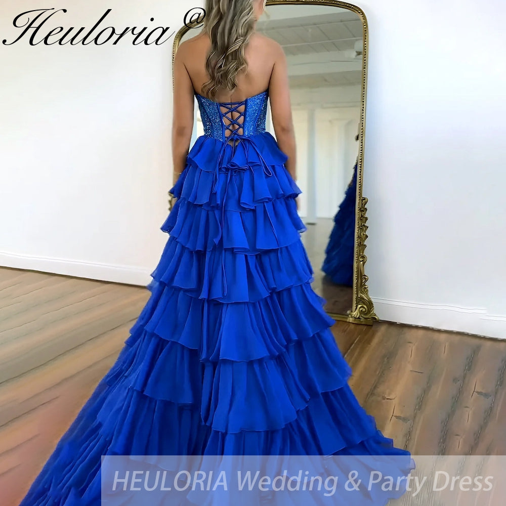 Sexy Strapless evening dress Chiffon Blue Tiered Ruffles with Slit Crystal A-Line Lace-upParty Gowns Customized